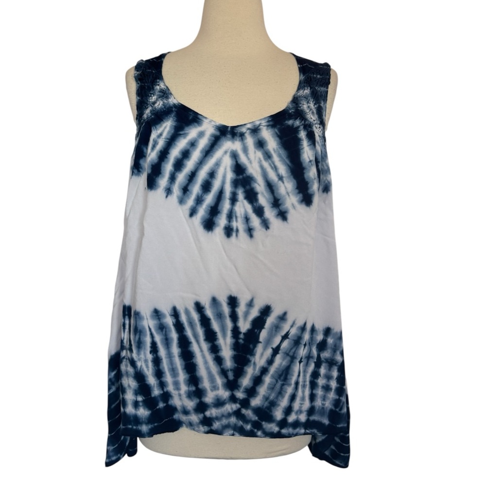 One World Women’s Blue White Tie Dyed Print Sharkbite Hem Tunic Sleeveless Top M